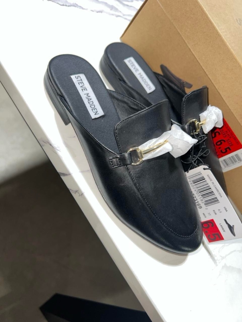 Steve Madden Black Slip-On Mules with Gold Accent Buckle